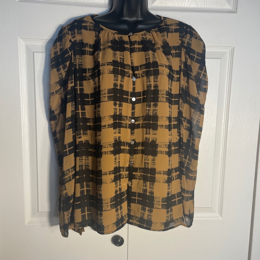 Calvin Klein Shirt Women Large Brown Black Plaid Button Front Puff Sleeve Top‎
